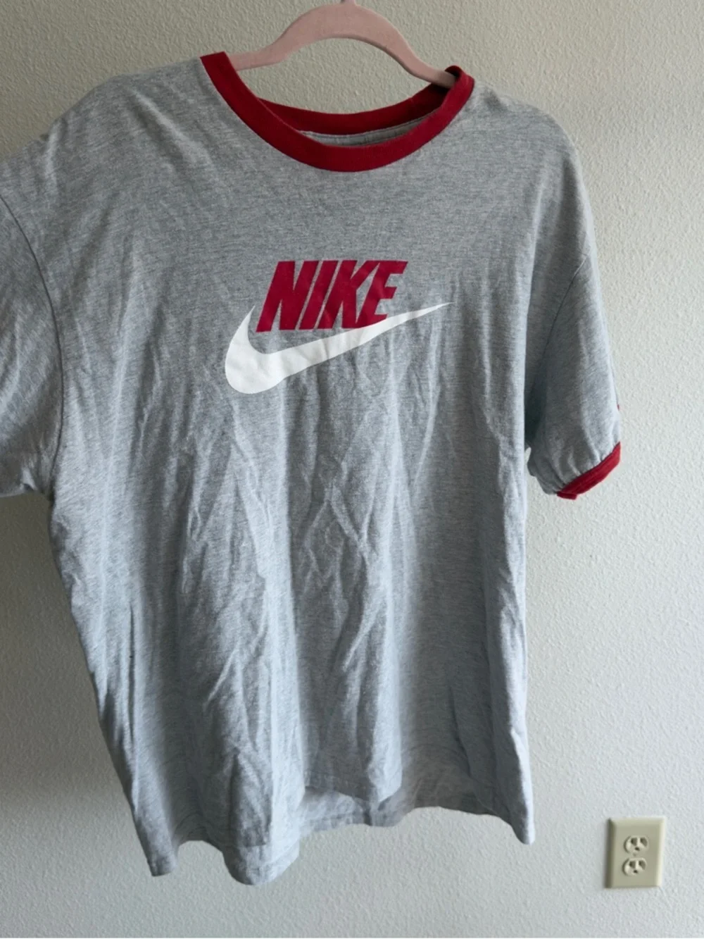 Nike Ringer Tee XL Gray Red Logo Retro Y2K Streetwear Casual Vintage